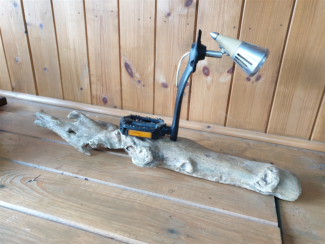 Table lamp created with bike pedal driftwood and lamp parts