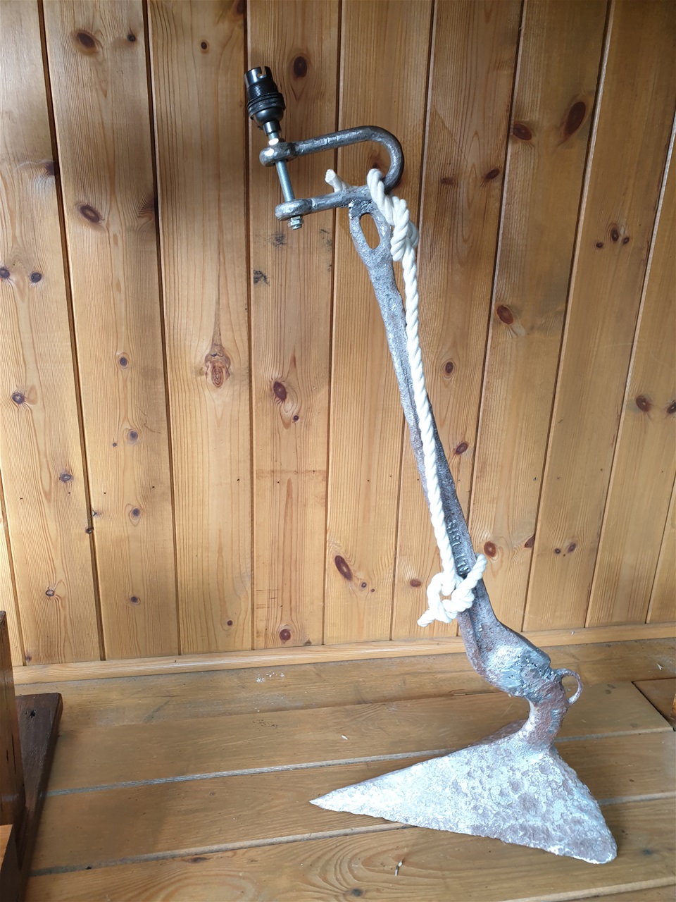 Kedge anchor light..big sideboard light created from a kedge recovered from below Brean Down , wooden base from Mill in Bridgwater